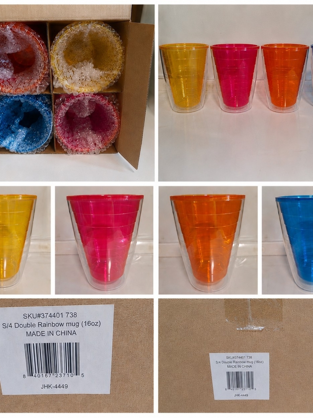 Double Wall Rainbow Party Cups - Set of 4 (Yellow, Pink, Orange, Blue)